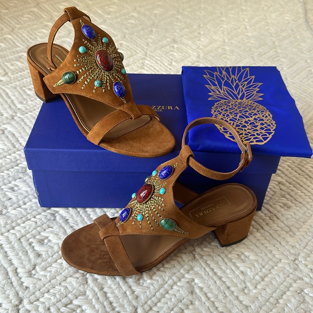 Brand new, never worn, Aquazzura brown suede sandals with jewel stones, size 37